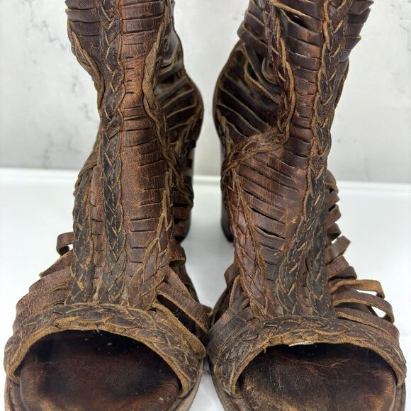 Freebird Booties Heel Bela braided laser cut brown leather Sz 8 Boho Westen - Picture 4 of 16